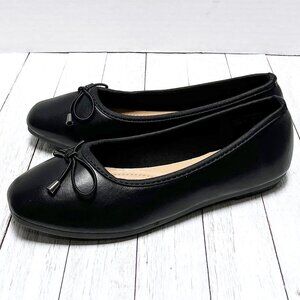 New Womens Black Bow Square Toe Ballet Flats